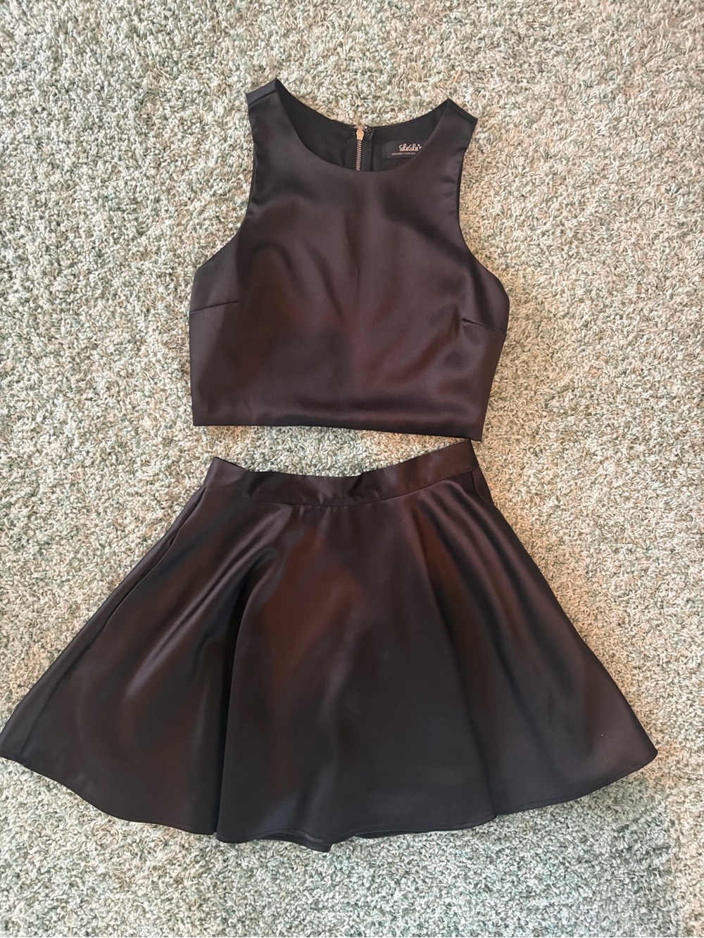 Lulu's Black Satin Two-Piece Crop Top & Skater Skirt Set